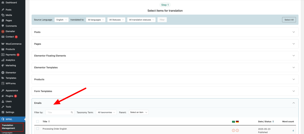 Elemailer WPML translation management panel ( Newer version )